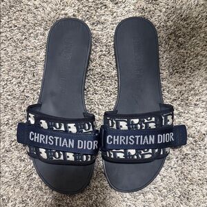 Dior Navy and White Logo Slide Sandals